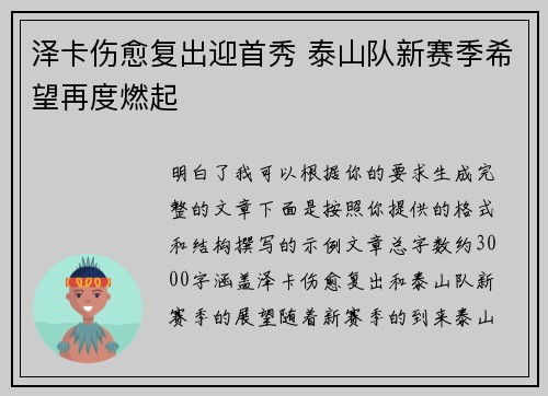 泽卡伤愈复出迎首秀 泰山队新赛季希望再度燃起